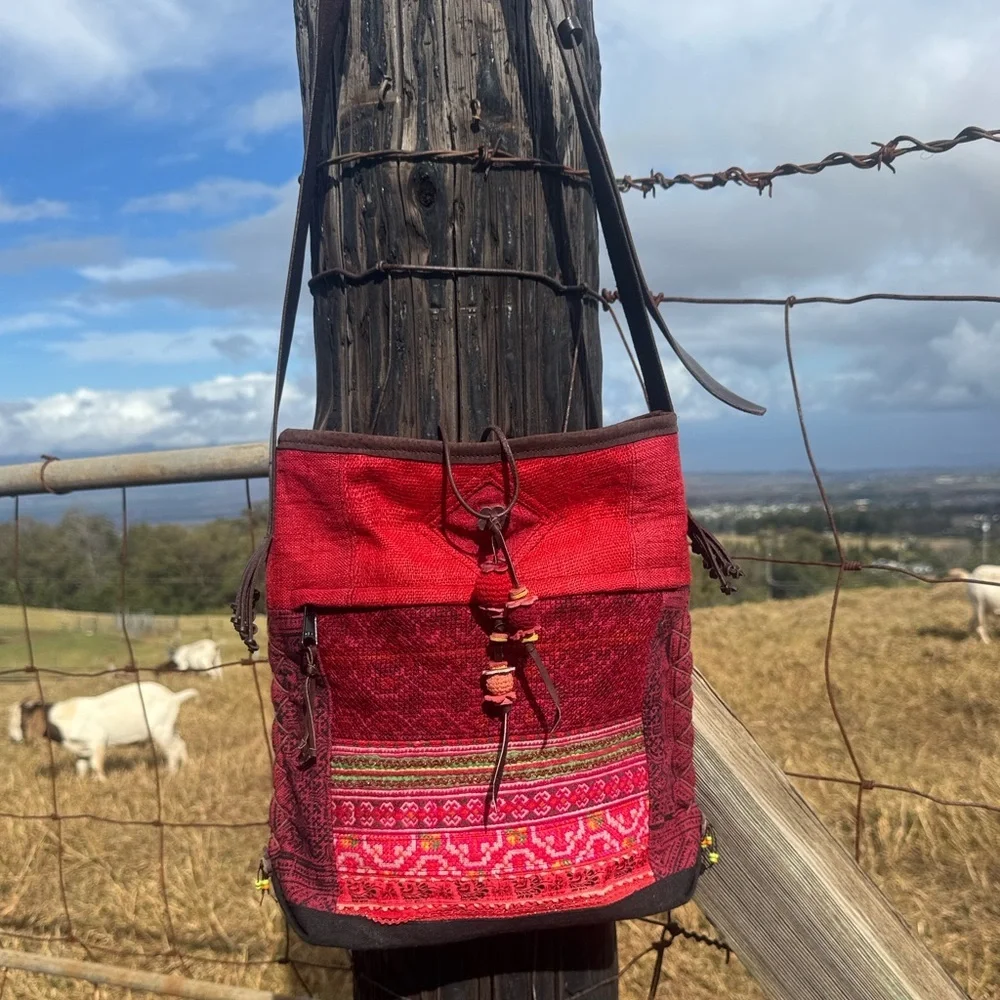 Boho Ethnic Chic Folk Indie Embroidered Red Woven leather Pom Pom crossbody